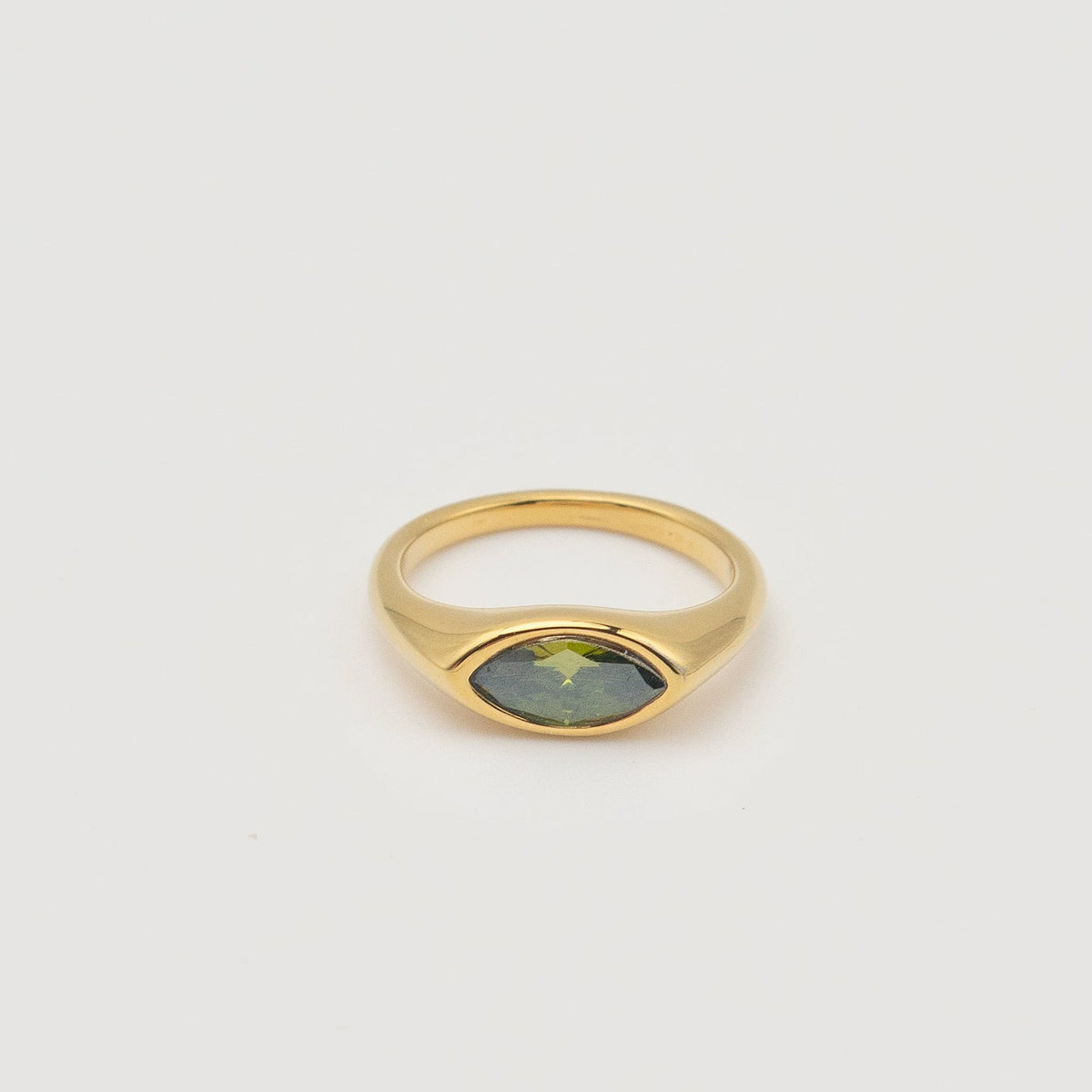 Gold-plated stainless steel ring with marquise-cut green cubic zirconia stone