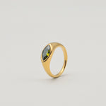 Gold-plated stainless steel ring with marquise-cut green cubic zirconia stone