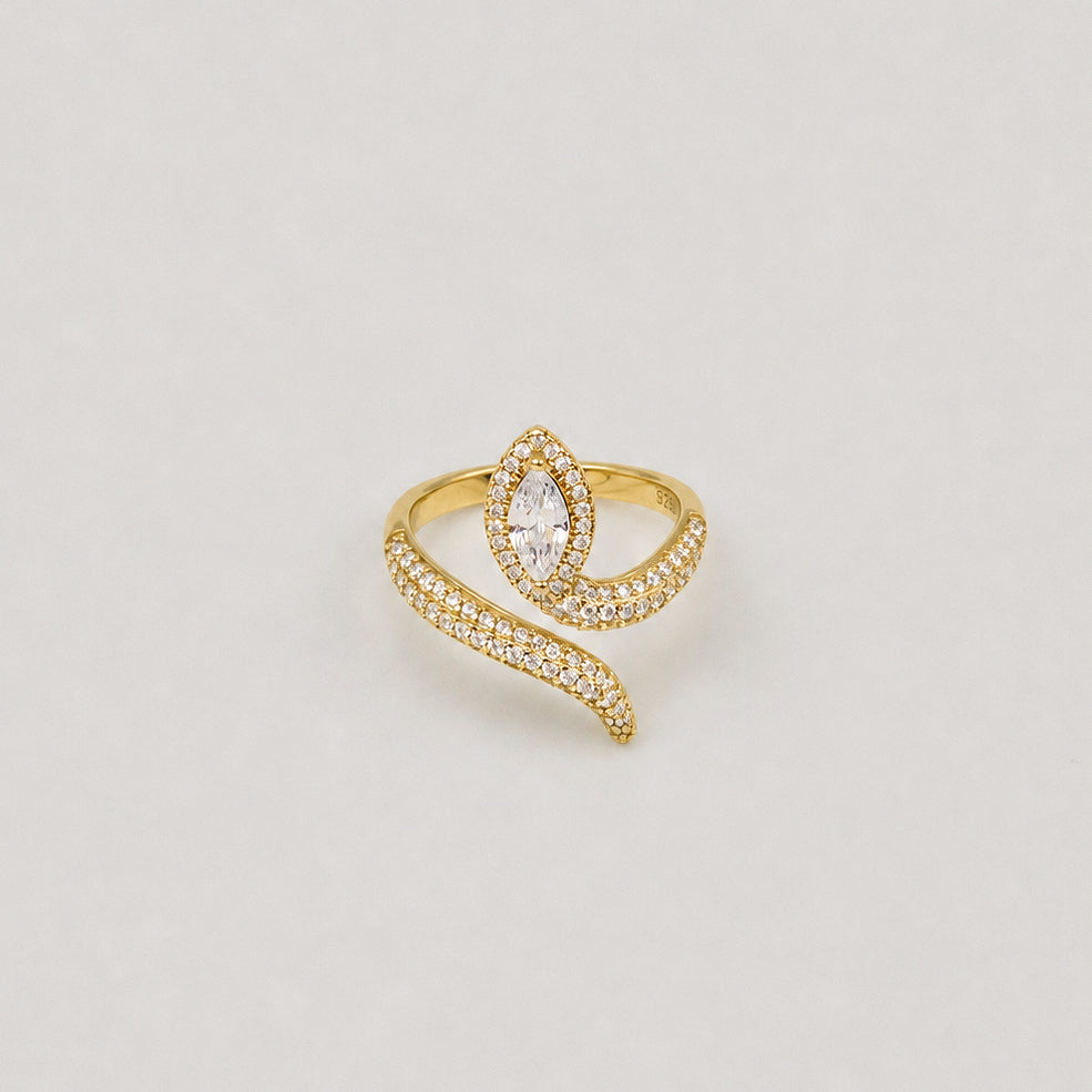 Gold-plated 925 sterling silver snake ring with marquise cubic zirconia and pavé stones