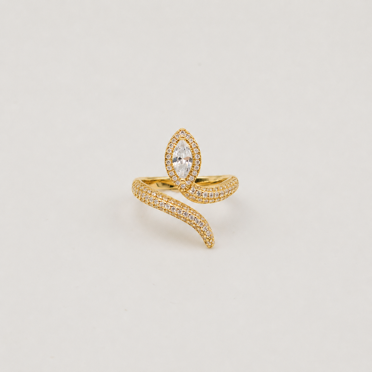 Gold-plated 925 sterling silver snake ring with marquise cubic zirconia and pavé stones