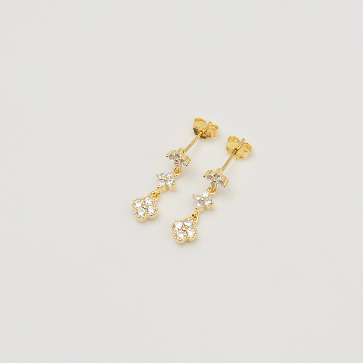 Gold-plated stainless steel drop earrings with clear cubic zirconia floral clusters 