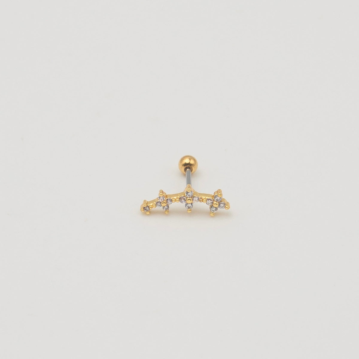 Gold-plated stainless steel floral ear stud with clear cubic zirconia stones and a round back