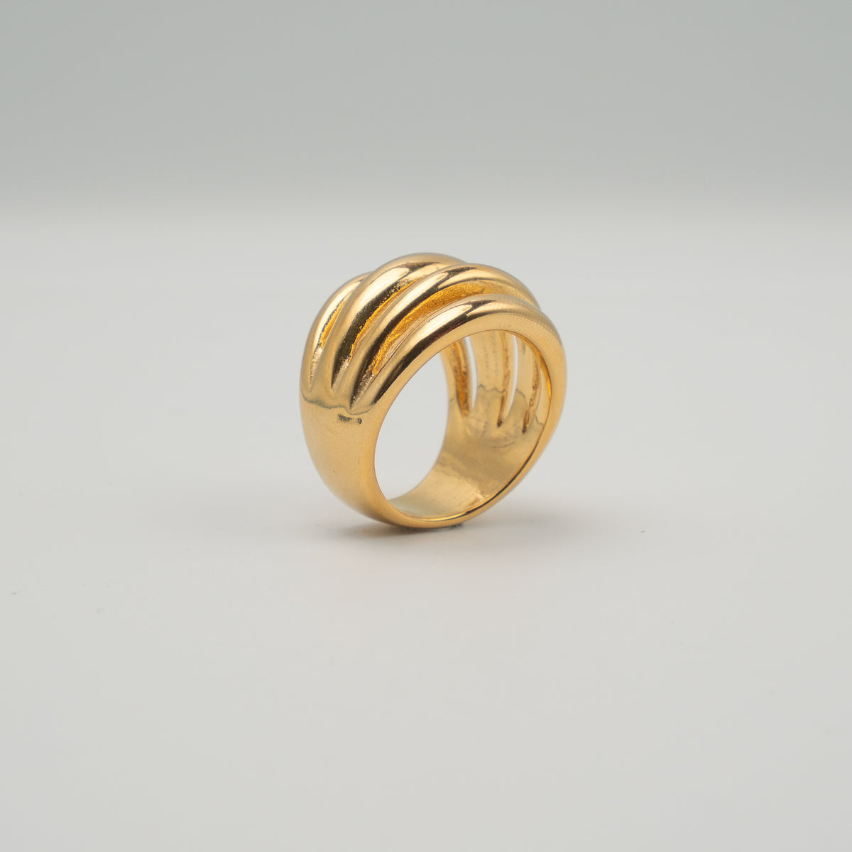 Gold-plated stainless steel chunky ring with four rounded parallel bands