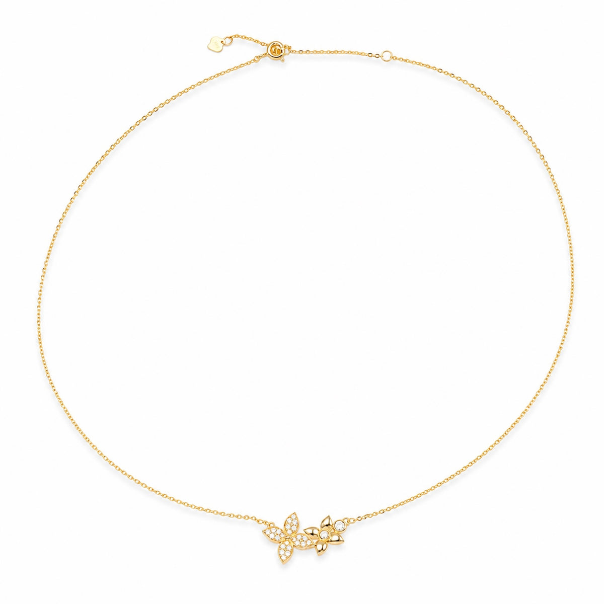 Gold-plated sterling silver necklace with floral and leaf motifs set with clear cubic zirconia stones