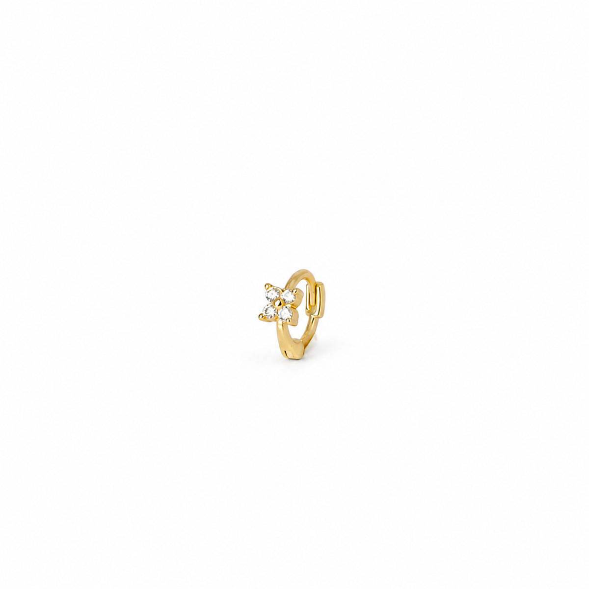 Gold-plated sterling silver huggie earring with a clear cubic zirconia flower detail 