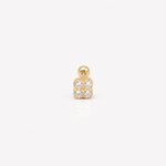 Gold-plated sterling silver round-back stud earring with a four-petal clear cubic zirconia design on a white background