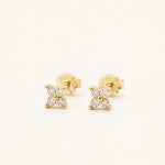 Gold-plated sterling silver stud earrings with four-petal clear cubic zirconia 