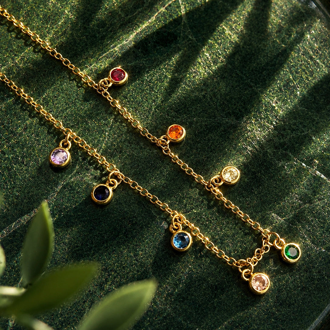 Gold-plated sterling silver necklace with small multicolour gemstone charms 