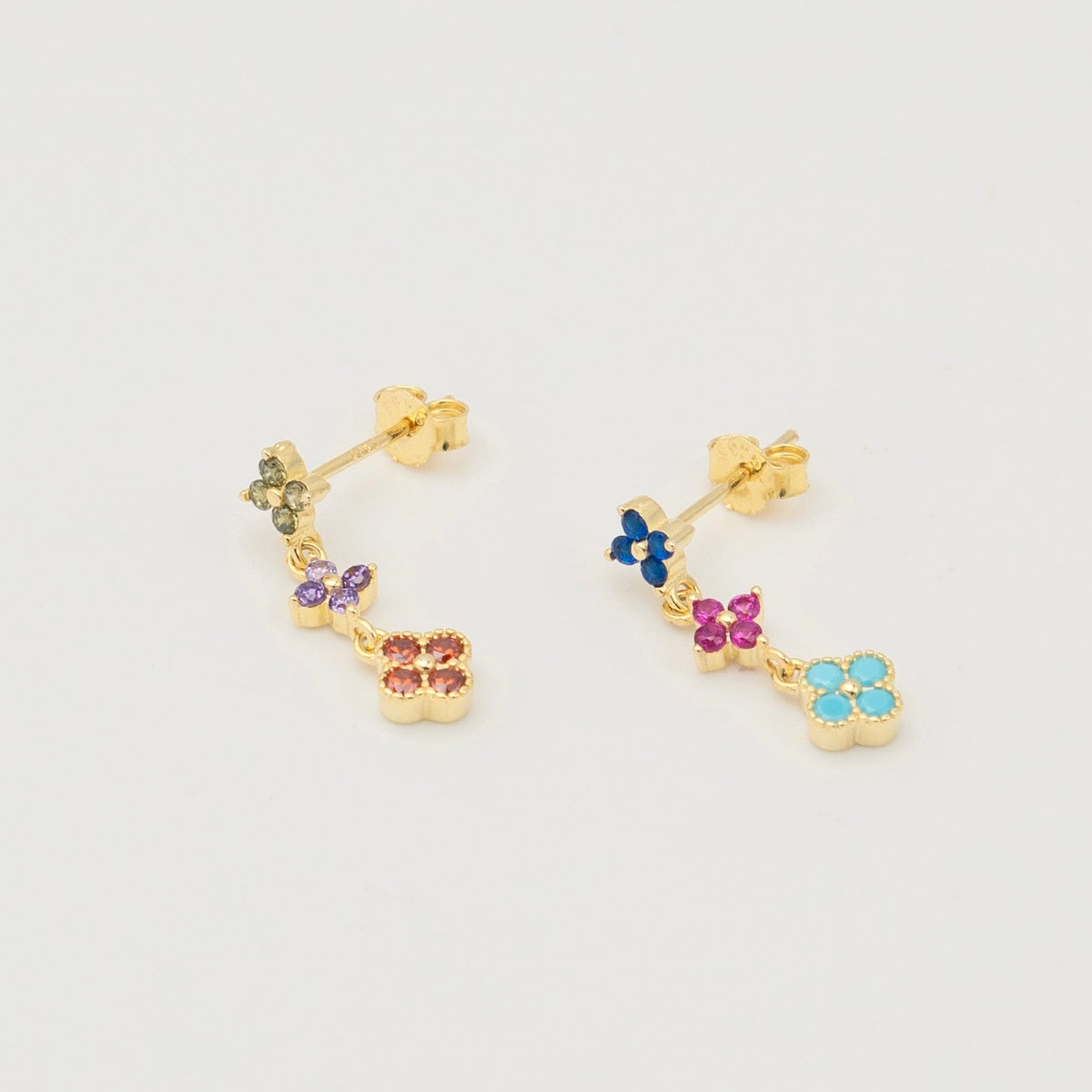 Gold-plated sterling silver drop earrings with multicolor cubic zirconia flower charms 