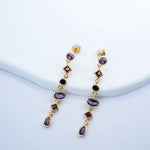 Gold-plated sterling silver drop earrings with purple, orange and black cubic zirconia stones