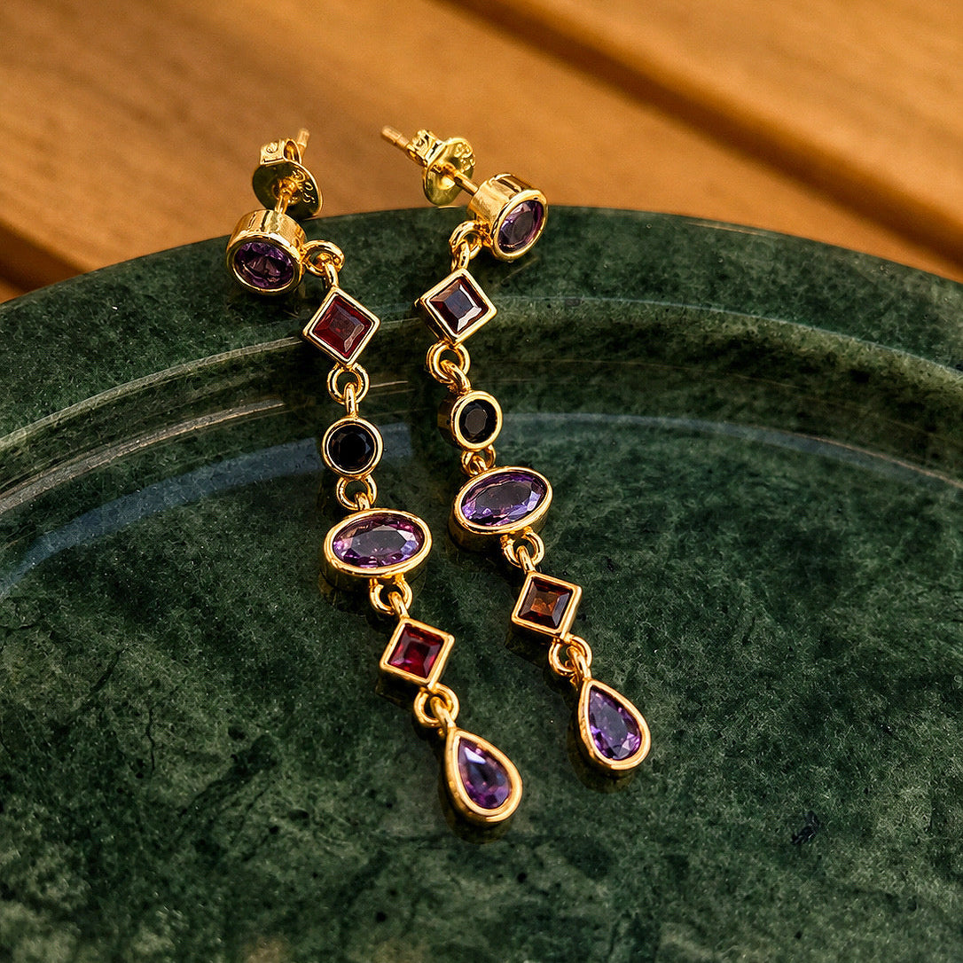 Gold-plated sterling silver drop earrings with purple, orange and black cubic zirconia stones
