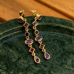 Gold-plated sterling silver drop earrings with purple, orange and black cubic zirconia stones