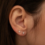 Puces d’oreilles en argent 925 avec motifs fleurs sertis d’oxydes de zirconium transparents, portées à l’oreille