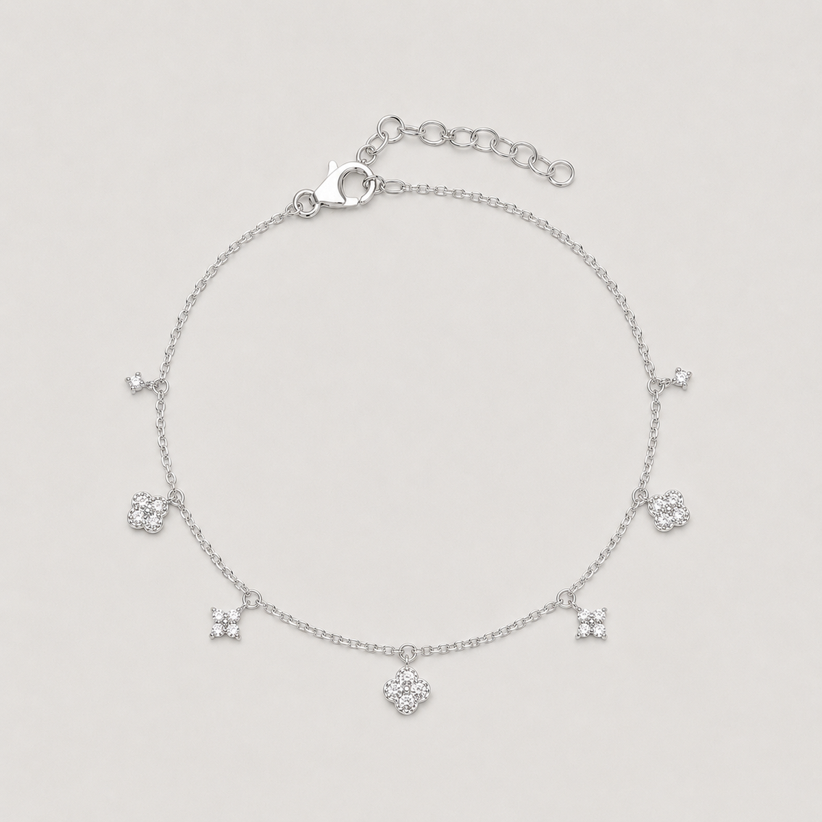 Rhodium-plated 925 sterling silver bracelet with cubic zirconia flower charms