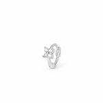 Rhodium-plated sterling silver single earring with a four-petal flower design on a white background