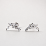Rhodium-plated sterling silver stud earrings with marquise and round cubic zirconia leaf details on a light background