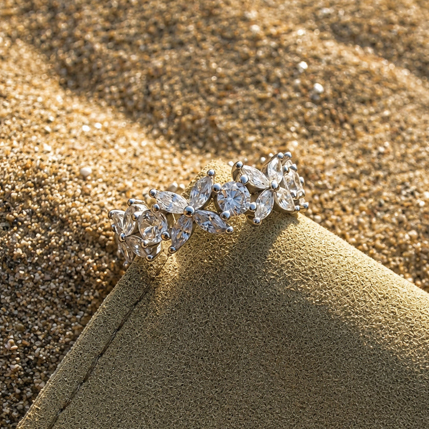 Rhodium-plated sterling silver band ring with marquise and round cubic zirconia stones 