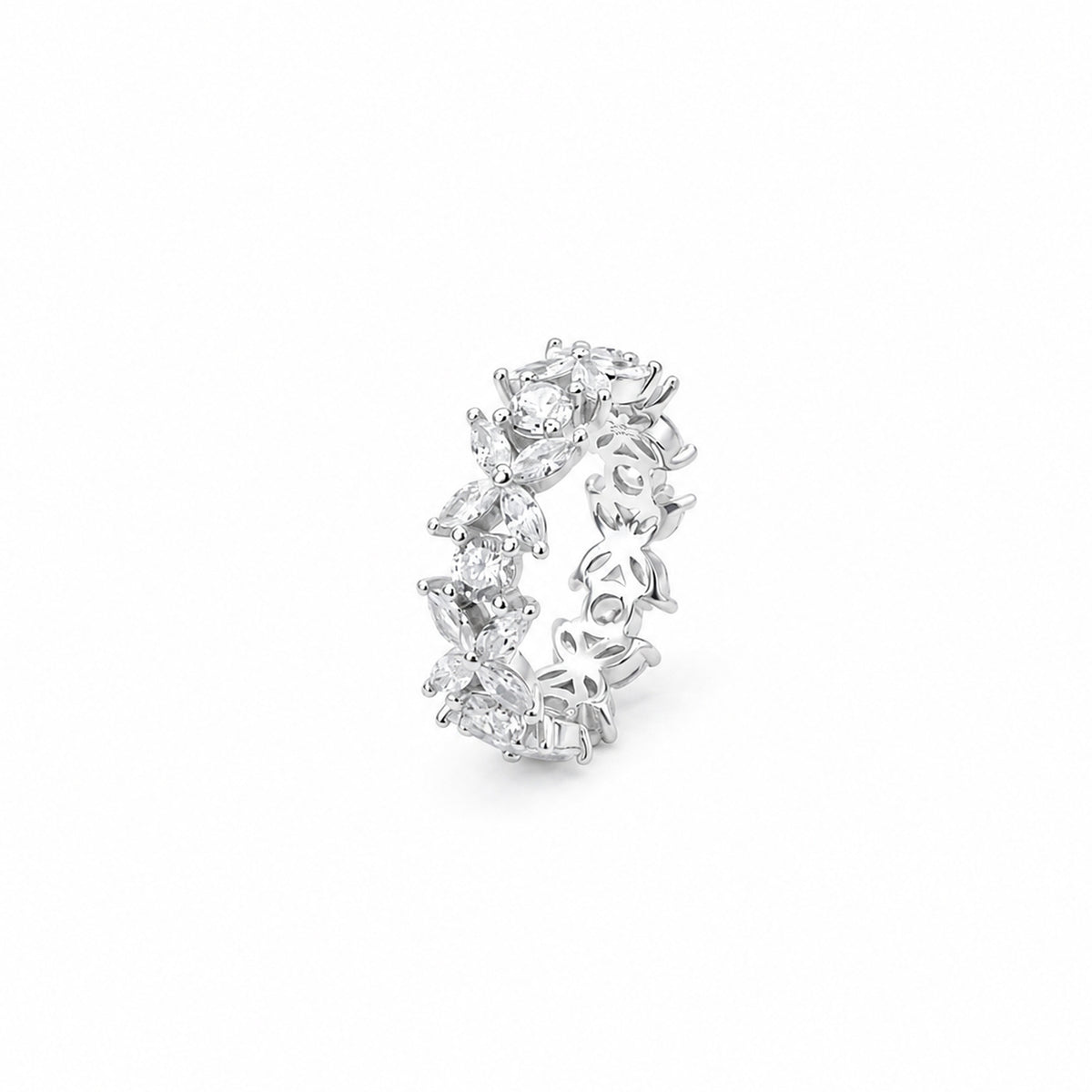 Rhodium-plated sterling silver band ring with marquise and round cubic zirconia stones