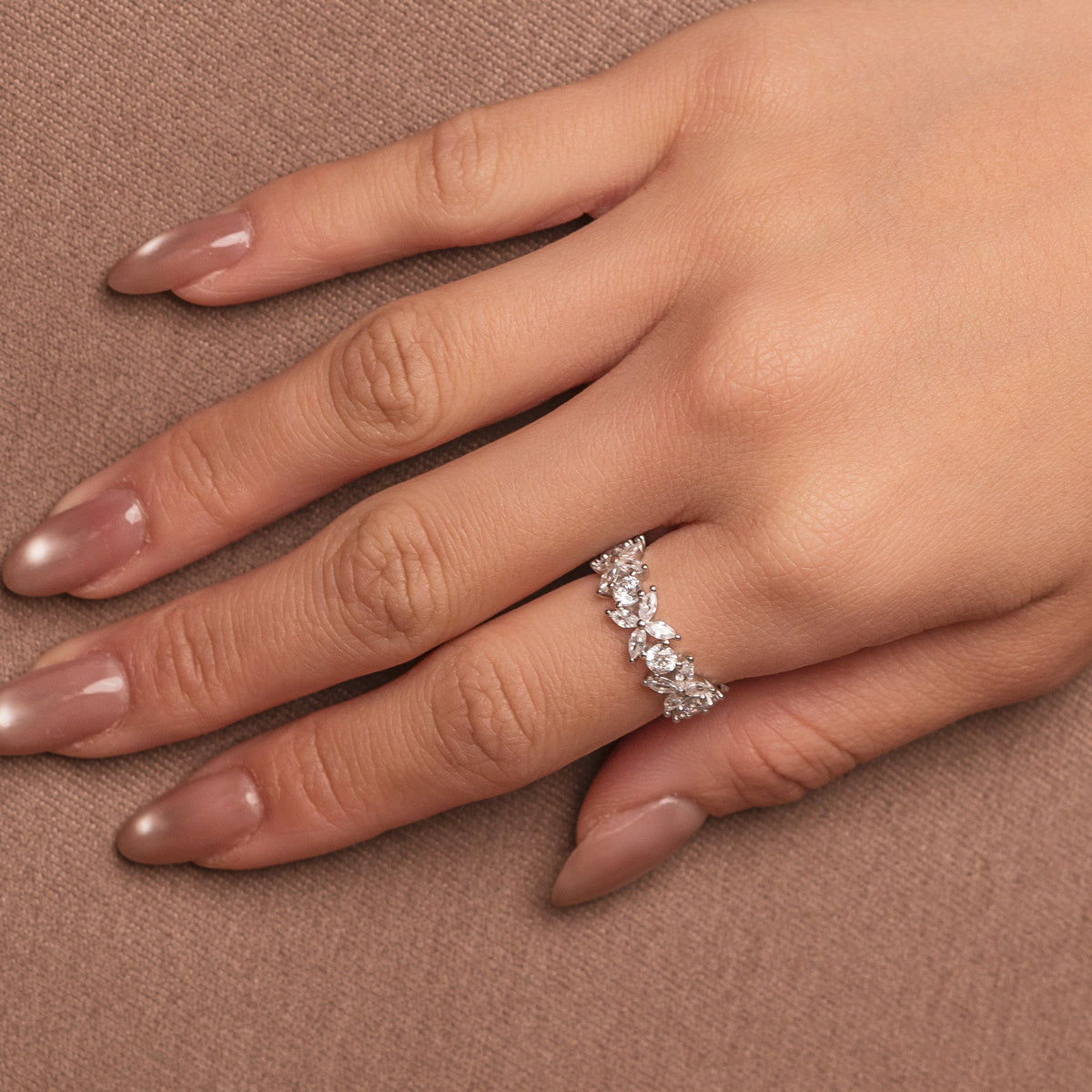 Rhodium-plated sterling silver band ring with marquise and round cubic zirconia stones