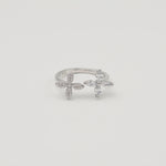 Rhodium-plated sterling silver open ring with marquise-cut clear stones arranged in floral motifs