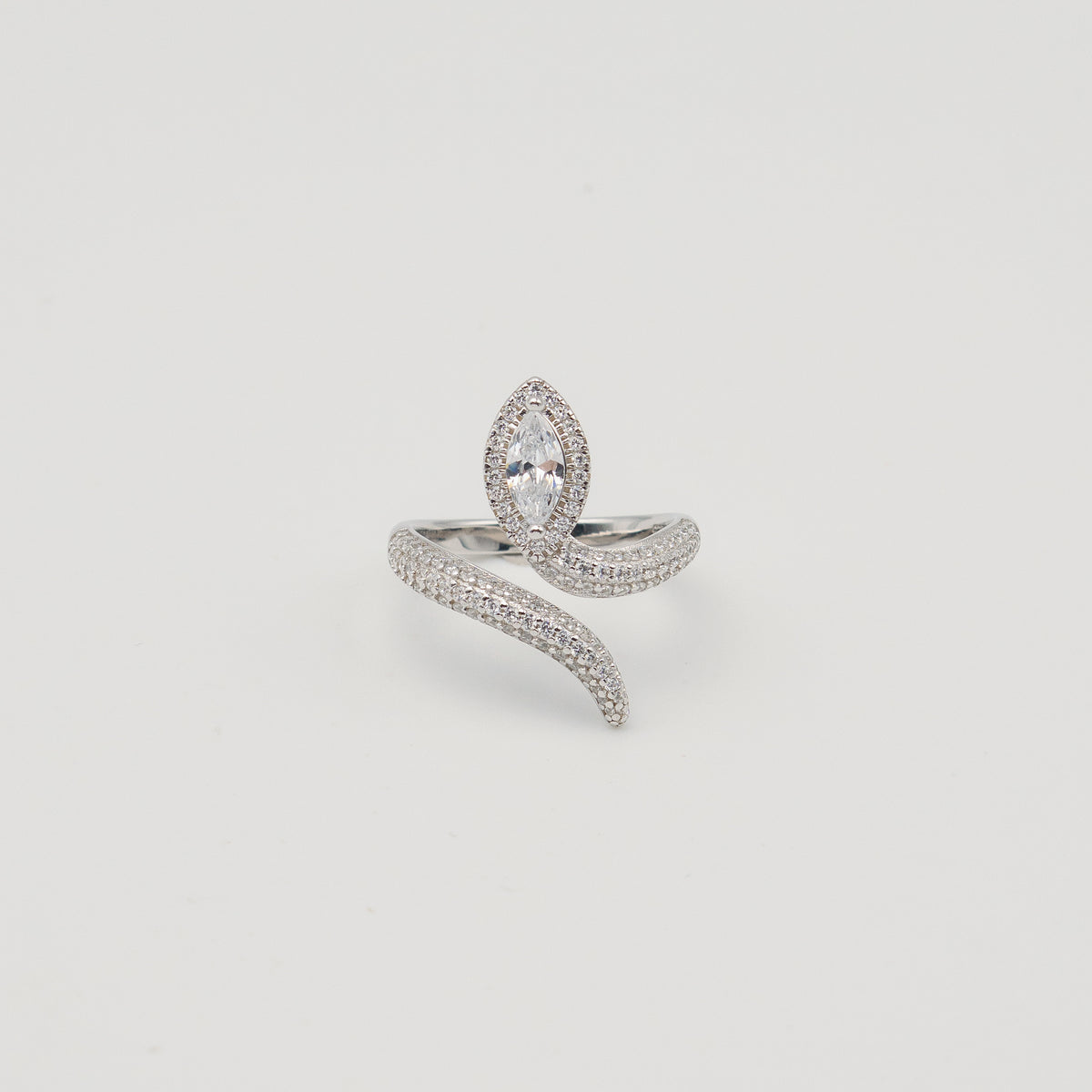 Rhodium-plated sterling silver snake wrap ring with clear cubic zirconia stones and a marquise-cut centerpiece 