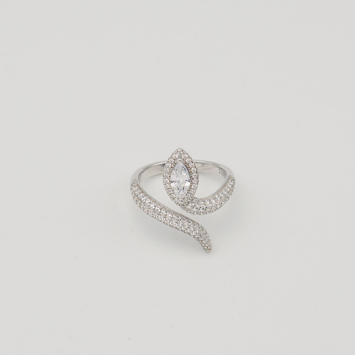 Rhodium-plated sterling silver snake wrap ring with clear cubic zirconia stones and a marquise-cut centerpiece