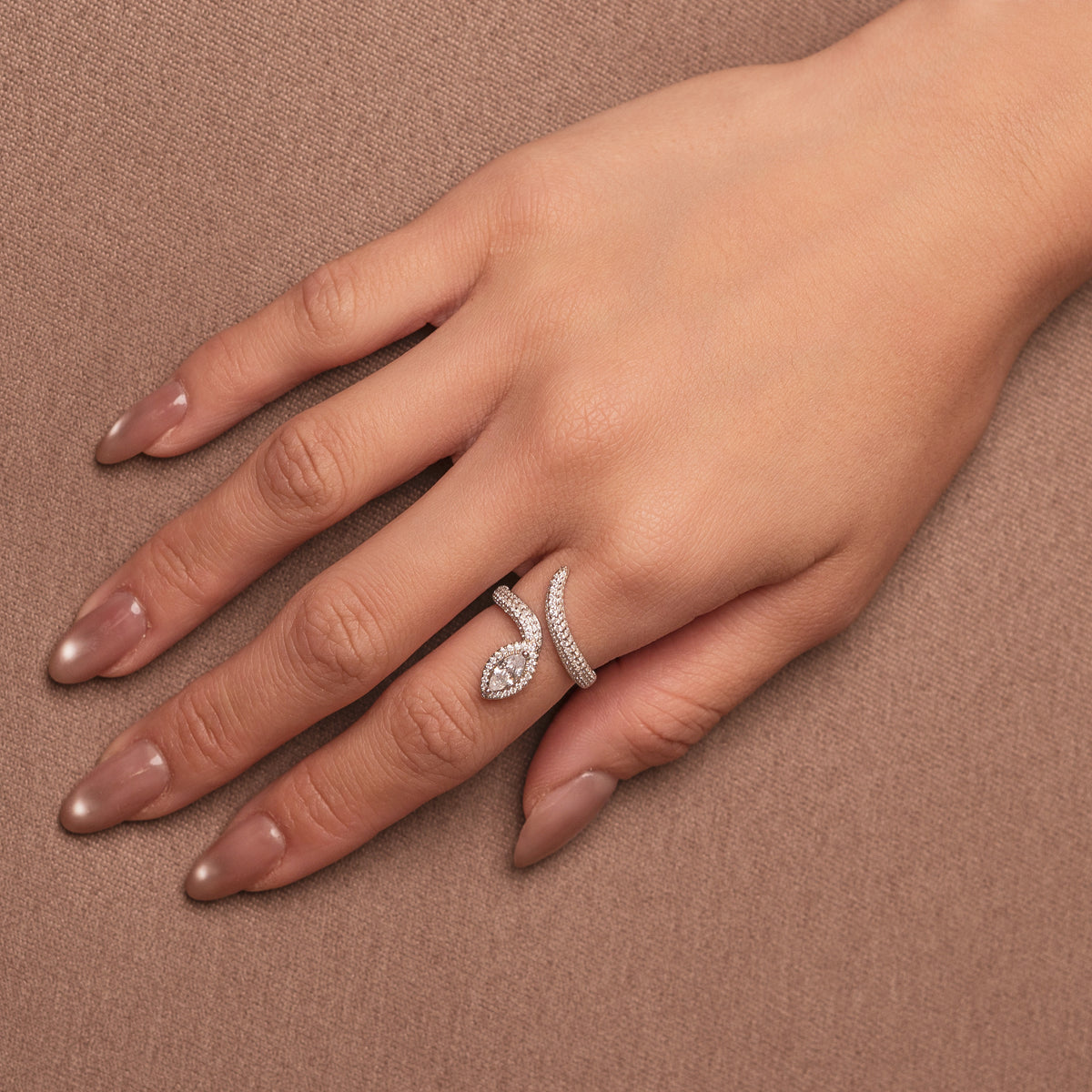 Rhodium-plated sterling silver snake wrap ring with clear cubic zirconia stones and a marquise-cut centerpiece