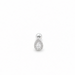 Rhodium-plated sterling silver teardrop round-back stud earring with clear cubic zirconia stones on a white background