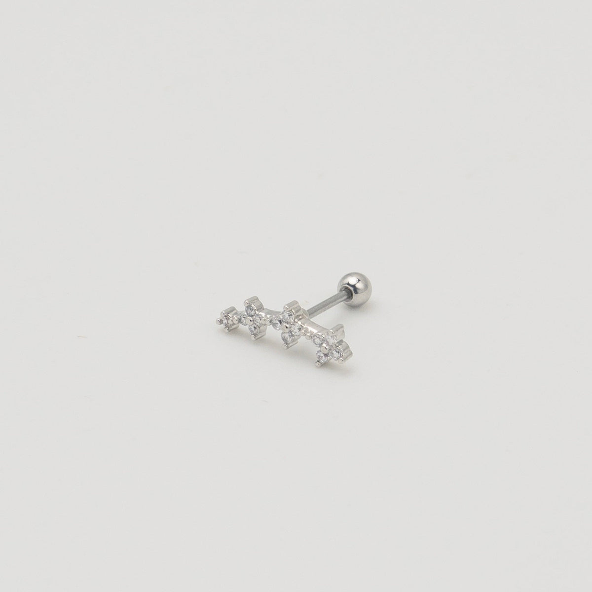 Silver stainless steel clover cartilage earring with cubic zirconia details and round back