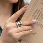 Polished silver stainless steel open ring with a chunky triple-band design